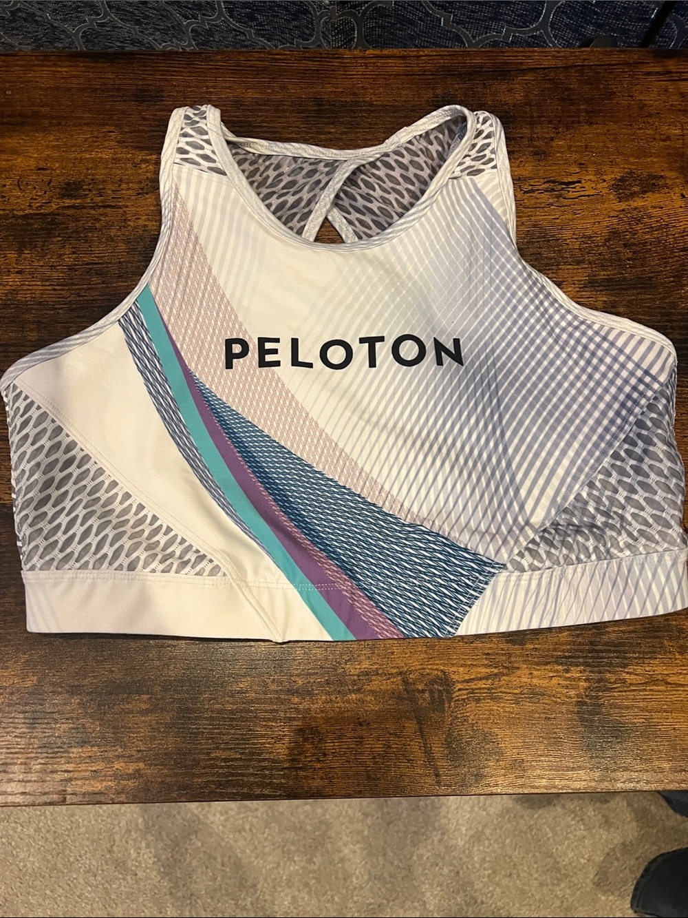 Peloton White Sports Bra with Teal & Purple Stripe Accents